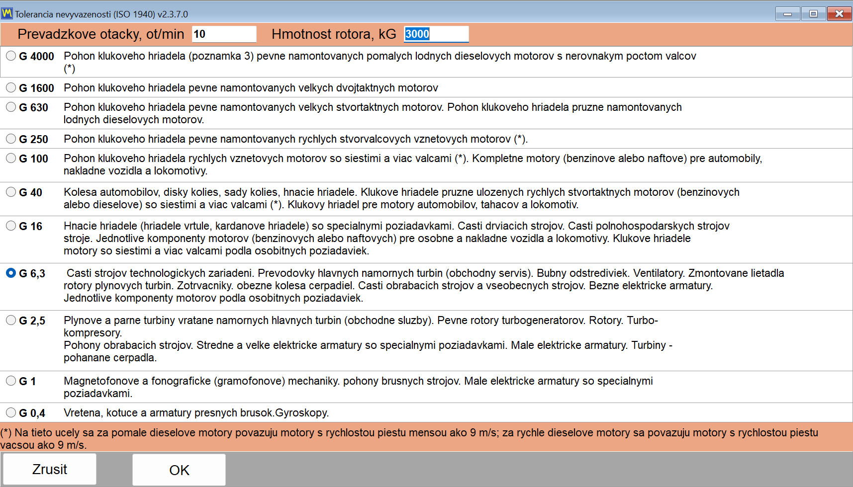 Okno tolerancie ISO 1940 so zoznamom tried kvality vyváženia, poľom hmotnosti rotora a poľom prevádzkových otáčok