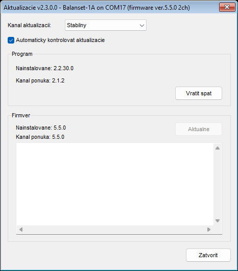 Okno Updates so zvoleným kanálom Stable, zobrazujúce blok Program a blok Firmware pre pripojené zariadenie