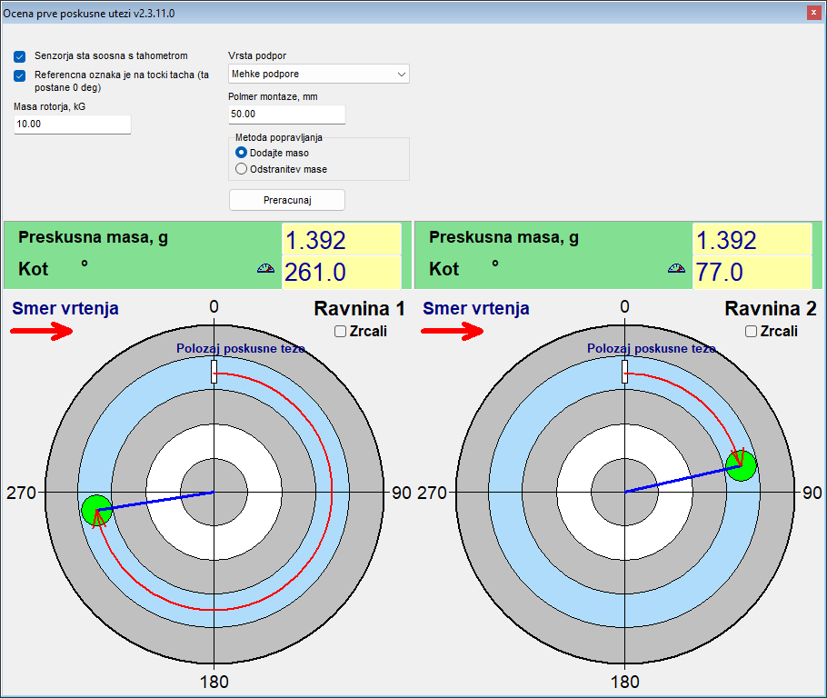 First trial weight estimate dialog proposing a trial mass in grams and an installation angle calculated from the Run 0 data, the rotor mass and the support type