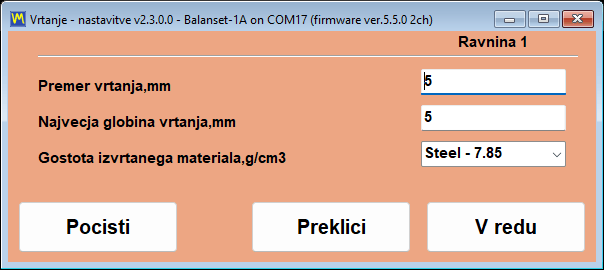 The drilling settings window with fields for drill diameter, maximum depth and material density, and the resulting depth, hole count and angle