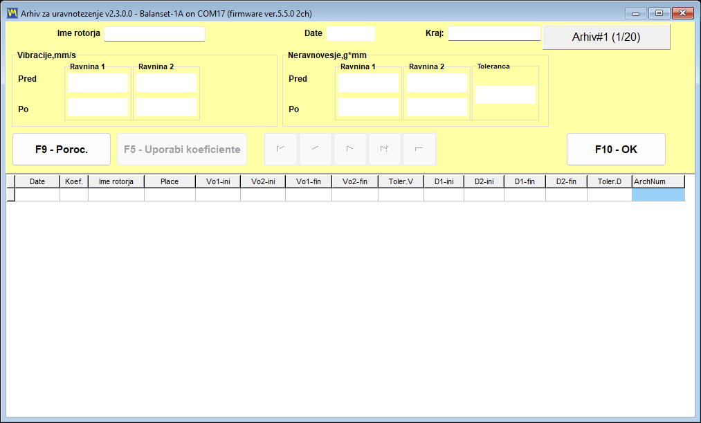 Archive window with a record marked by a green V in the Coeff column and the F5 - Apply coefficients button available