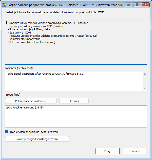 The support report dialog with the comment field, the screenshot attachment list, the full-log checkbox and the payload preview button