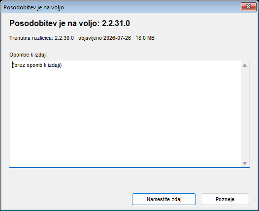 The update installation window listing the new version number, the current version, the release date, the download size and the release notes