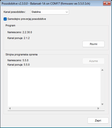 The Updates window with the Stable channel selected, showing the Program block and the Firmware block for a connected device
