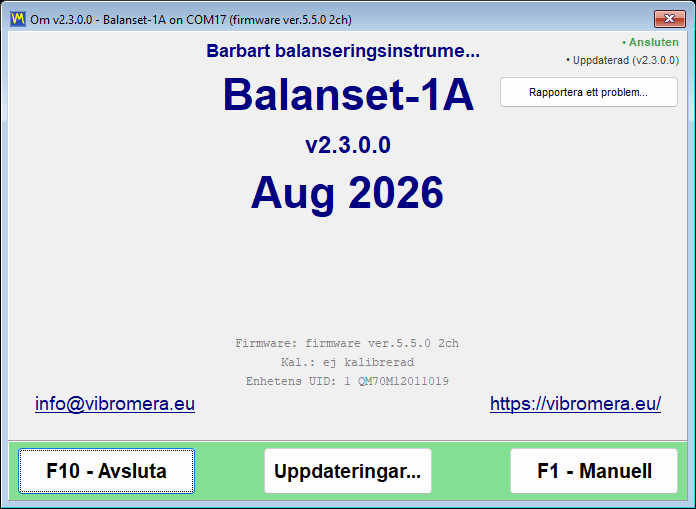 Fönstret About som listar programversionen, enhetens firmwareversion, kalibreringsstatus, Device UID och byggdatum