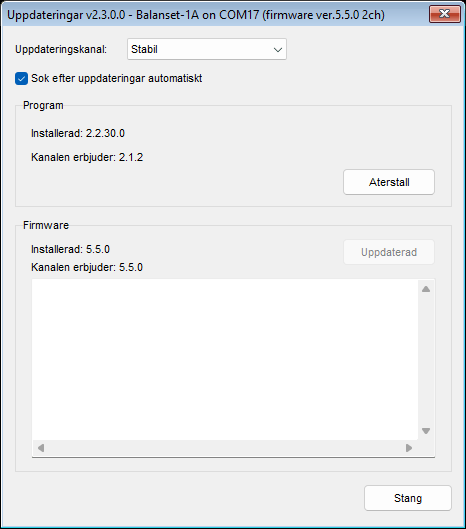 Fönstret Updates med kanalen Stable vald, som visar blocket Program och blocket Firmware för en ansluten enhet
