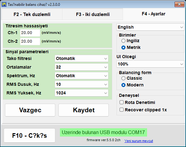 Özelliği etkinleştiren deneysel Bump test onay kutusunu içeren Settings sekmesi