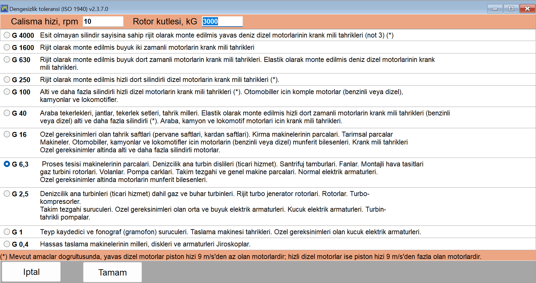 Denge kalite sınıfları listesi, rotor kütlesi alanı ve çalışma hızı alanıyla ISO 1940 tolerans penceresi