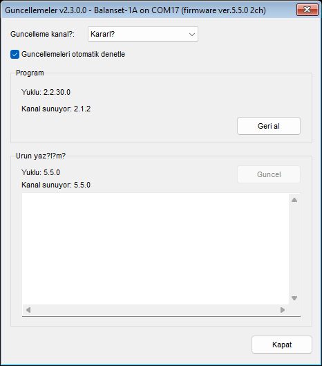 Stable kanalı seçiliyken, bağlı bir cihaz için Program bloğunu ve Firmware bloğunu gösteren Updates penceresi